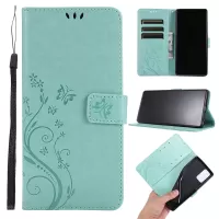Butterfly Flower Imprinting Wallet Stand Leather Phone Case for Samsung Galaxy Note20 / Note20 5G - Cyan