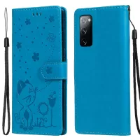 Fully-Wrapped KT Imprinting Flower Series-4 Cat and Bee Pattern Imprinting Leather Wallet Stand Case with Strap for Samsung Galaxy S20 FE/S20 Fan Edition/S20 FE 5G/S20 Fan Edition 5G/S20 Lite - Blue