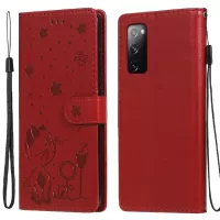 Fully-Wrapped KT Imprinting Flower Series-4 Cat and Bee Pattern Imprinting Leather Wallet Stand Case with Strap for Samsung Galaxy S20 FE/S20 Fan Edition/S20 FE 5G/S20 Fan Edition 5G/S20 Lite - Red