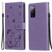Fully-Wrapped KT Imprinting Flower Series-4 Cat and Bee Pattern Imprinting Leather Wallet Stand Case with Strap for Samsung Galaxy S20 FE/S20 Fan Edition/S20 FE 5G/S20 Fan Edition 5G/S20 Lite - Purple