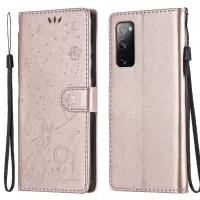 Fully-Wrapped KT Imprinting Flower Series-4 Cat and Bee Pattern Imprinting Leather Wallet Stand Case with Strap for Samsung Galaxy S20 FE/S20 Fan Edition/S20 FE 5G/S20 Fan Edition 5G/S20 Lite - Rose Gold