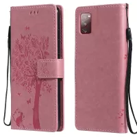 Wallet Stand Design Full Protection KT Imprinting Flower Series-3 Cat and Tree Imprinting Leather Cover + TPU Inner Phone Case for Samsung Galaxy S20 FE/S20 Fan Edition/S20 FE 5G/S20 Fan Edition 5G/S20 Lite - Pink