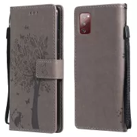 Wallet Stand Design Full Protection KT Imprinting Flower Series-3 Cat and Tree Imprinting Leather Cover + TPU Inner Phone Case for Samsung Galaxy S20 FE/S20 Fan Edition/S20 FE 5G/S20 Fan Edition 5G/S20 Lite - Grey