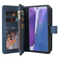 KT Multi-functional Series-2 Anti-Scratch Skin-touch Feel Leather Stand for Samsung Galaxy Note20 4G/5G Wallet Flip Case with Zipper Pocket and Multiple Card Slots - Blue