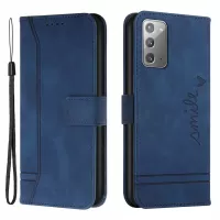 003 Series Imprinted Heart Shape Skin-Touch Square Magnetic Clasp Leather Case Phone Cover with Stand Wallet for Samsung Galaxy Note20 4G/5G - Blue