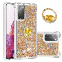For Samsung Galaxy S20 FE 4G/5G/S20 Fan Edition 4G/5G/S20 Lite Quicksand Glitter Flowing Liquid Anti-drop Ring Holder Kickstand Design TPU Cover - Diamond Gold Hearts