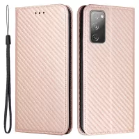 Wallet Design Carbon Fiber Texture Stand Auto-absorbed Leather Case Cover with Hand Strap for Samsung Galaxy S20 FE 4G/5G/S20 Lite - Rose Gold