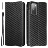 Wallet Design Carbon Fiber Texture Stand Auto-absorbed Leather Case Cover with Hand Strap for Samsung Galaxy S20 FE 4G/5G/S20 Lite - Black