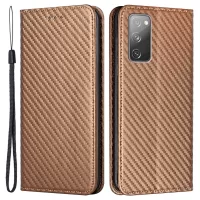Wallet Design Carbon Fiber Texture Stand Auto-absorbed Leather Case Cover with Hand Strap for Samsung Galaxy S20 FE 4G/5G/S20 Lite - Brown