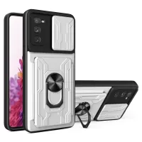 Card Holder Design Slide Camera Protection Shockproof PC + TPU Phone Case with Ring Kickstand for Samsung Galaxy S20 FE/S20 FE 5G/S20 Lite - White