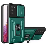 Card Holder Design Slide Camera Protection Shockproof PC + TPU Phone Case with Ring Kickstand for Samsung Galaxy S20 FE/S20 FE 5G/S20 Lite - Blackish Green