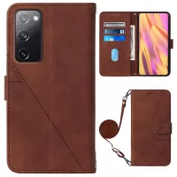 PB2-1 Series Stylish Lines Imprinting Magnetic Clasp Shock-absorption PU Leather + TPU Stand Wallet Phone Cover Case with Shoulder Strap for Samsung Galaxy S20 FE/S20 FE 5G/S20 Lite - Brown