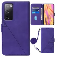 PB2-1 Series Stylish Lines Imprinting Magnetic Clasp Shock-absorption PU Leather + TPU Stand Wallet Phone Cover Case with Shoulder Strap for Samsung Galaxy S20 FE/S20 FE 5G/S20 Lite - Purple