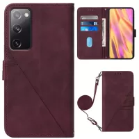 PB2-1 Series Stylish Lines Imprinting Magnetic Clasp Shock-absorption PU Leather + TPU Stand Wallet Phone Cover Case with Shoulder Strap for Samsung Galaxy S20 FE/S20 FE 5G/S20 Lite - Wine Red