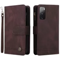 Full Protection Stripes Imprinted Skin-touch Wallet Stand Leather Cover Card Slots Phone Case with Zipper Pocket for Samsung Galaxy S20 FE/S20 FE 5G/S20 Lite - Brown