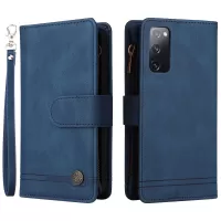 Full Protection Stripes Imprinted Skin-touch Wallet Stand Leather Cover Card Slots Phone Case with Zipper Pocket for Samsung Galaxy S20 FE/S20 FE 5G/S20 Lite - Blue