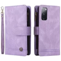 Full Protection Stripes Imprinted Skin-touch Wallet Stand Leather Cover Card Slots Phone Case with Zipper Pocket for Samsung Galaxy S20 FE/S20 FE 5G/S20 Lite - Purple