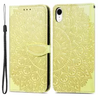 For iPhone XR 6.1 inch Imprinted Dream Wings Pattern Flip Phone Case Folio Wallet Wrist Strap PU Leather Stand Cover - Yellow