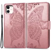 For iPhone 12 6.1 inch/12 Pro 6.1 inch Imprinting Butterfly Flower PU Leather Folio Flip Wallet Stand Phone Case - Rose Gold