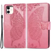 For iPhone 12 6.1 inch/12 Pro 6.1 inch Imprinting Butterfly Flower PU Leather Folio Flip Wallet Stand Phone Case - Pink