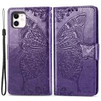 For iPhone 12 6.1 inch/12 Pro 6.1 inch Imprinting Butterfly Flower PU Leather Folio Flip Wallet Stand Phone Case - Purple