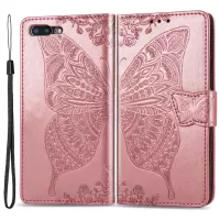 For iPhone 7 Plus / 8 Plus 5.5 inch Butterfly Flower Pattern Imprinted PU Leather Magnetic Flip Cover Viewing Stand Hand Strap Wallet Purse Case with Strap - Rose Gold