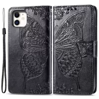 For iPhone 12 6.1 inch/12 Pro 6.1 inch Imprinting Butterfly Flower PU Leather Folio Flip Wallet Stand Phone Case - Black