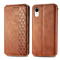 Rhombus Imprinting PU Leather Wallet Case for iPhone XR 6.1 inch, Foldable Stand Design Phone Accessory - Brown