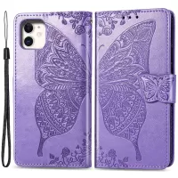 For iPhone 12 6.1 inch/12 Pro 6.1 inch Imprinting Butterfly Flower PU Leather Folio Flip Wallet Stand Phone Case - Light Purple