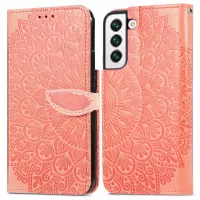 For Samsung Galaxy S21+ 5G Imprinting Leather Phone Case Wallet Stand Feather Pattern Phone Accessory with Strap - Orange