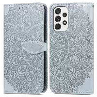 For Samsung Galaxy A32 4G (EU Version) Feather Pattern Imprinting Leather Phone Case with Wallet Stand Strap - Grey