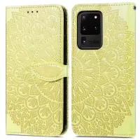 For Samsung Galaxy S20 Ultra Flip Phone Case Imprinted Dream Wings Pattern TPU+PU Leather Folio Stand Function Wallet Phone Cover with Strap - Yellow
