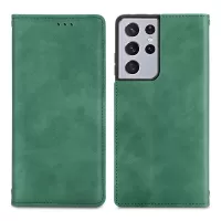 For Samsung Galaxy S21 Ultra 5G TPU+PU Leather Phone Protection Shell Retro Style Magnetic Skin-Touch Surface Flip Phone Case with Supporting Stand Card Slots - Green