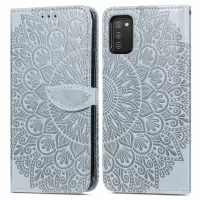 For Samsung Galaxy A02s (166.5x75.9x9.2mm) Imprinting Leather Phone Case with Feather Pattern Wallet Stand Phone Case with Strap - Grey