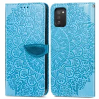 For Samsung Galaxy A02s (166.5x75.9x9.2mm) Imprinting Leather Phone Case with Feather Pattern Wallet Stand Phone Case with Strap - Blue