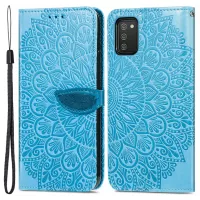 For Samsung Galaxy A02s (164.2x75.9x9.1mm) Imprinted Dream Wings Pattern PU Leather Case Wallet Stand Magnetic Flip Cover with Strap - Blue