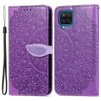 For Samsung Galaxy A22 4G (EU Version) PU Leather Wallet Dream Wings Pattern Imprinted Case Magnetic Soft TPU Shockproof Folding Stand Cover with Strap - Purple