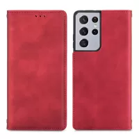 For Samsung Galaxy S21 Ultra 5G TPU+PU Leather Phone Protection Shell Retro Style Magnetic Skin-Touch Surface Flip Phone Case with Supporting Stand Card Slots - Red