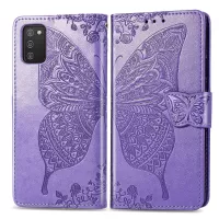 For Samsung Galaxy A03s (166.5 x 75.98 x 9.14mm) PU Leather Imprinting Butterfly Flower Wallet Cover Stand Phone Case - Light Purple