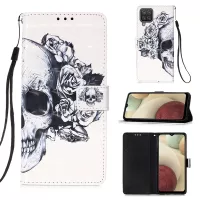Lanyard Design Pattern Printing Design Leather Phone Case with Wallet and Stand for Samsung Galaxy A12/M12 - Skull and Flowers