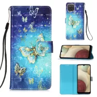 Lanyard Design Pattern Printing Design Leather Phone Case with Wallet and Stand for Samsung Galaxy A12/M12 - Gold Butterfly