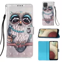 Lanyard Design Pattern Printing Design Leather Phone Case with Wallet and Stand for Samsung Galaxy A12/M12 - Owl