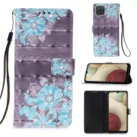 Lanyard Design Pattern Printing Design Leather Phone Case with Wallet and Stand for Samsung Galaxy A12/M12 - Blue Flowers