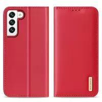 DUX DUCIS Hivo Series RFID Blocking Design Split Leather Wallet Stand Drop-proof Flip Phone Case Cover for Samsung Galaxy S22 5G - Red