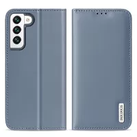DUX DUCIS Hivo Series RFID Blocking Design Split Leather Wallet Stand Drop-proof Flip Phone Case Cover for Samsung Galaxy S22 5G - Baby Blue