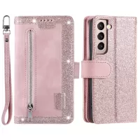 9 Card Slots PU Leather + TPU Foldable Stand Wallet Phone Case Cover with Zipper Pocket for Samsung Galaxy S22+ 5G - Rose Gold