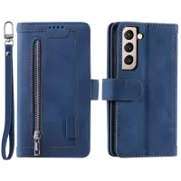 9 Card Slots PU Leather + TPU Foldable Stand Wallet Phone Case Cover with Zipper Pocket for Samsung Galaxy S22+ 5G - Blue