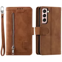 9 Card Slots PU Leather + TPU Foldable Stand Wallet Phone Case Cover with Zipper Pocket for Samsung Galaxy S22+ 5G - Brown