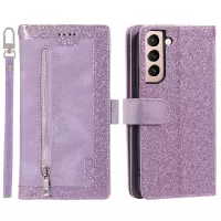 9 Card Slots PU Leather + TPU Foldable Stand Wallet Phone Case Cover with Zipper Pocket for Samsung Galaxy S22+ 5G - Purple