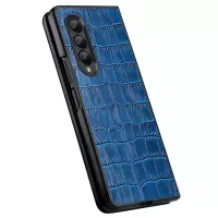 For Samsung Galaxy Z Fold3 5G/W22 Crocodile Texture Drop-proof Anti-scratch Genuine Leather Coated PC Mobile Phone Shell Cover - Blue